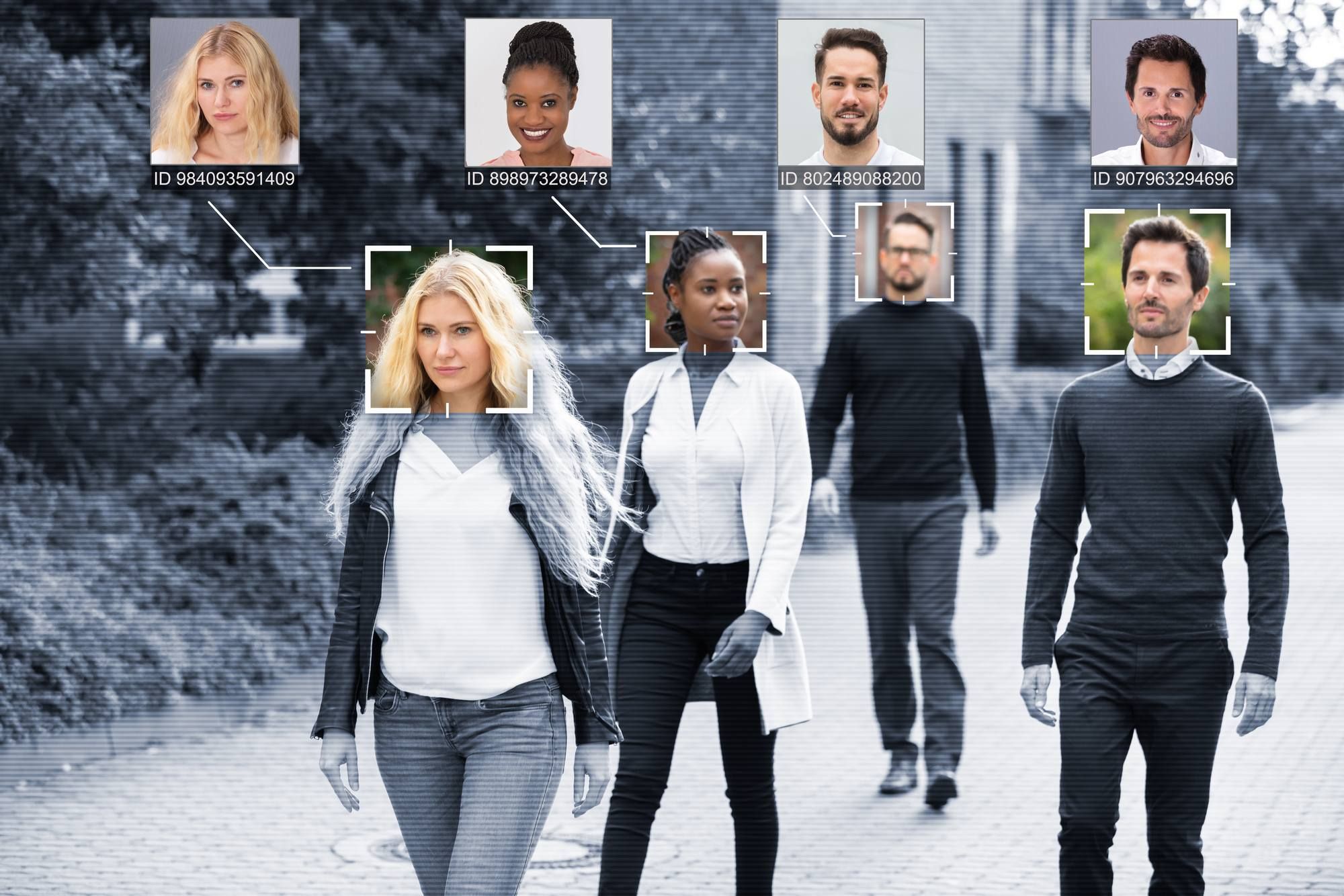 PEople walking with their faces in color regarding the facial recognition RCMP class action lawsuit filed