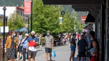 people walking in banff during COVID-19