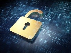 Open gold padlock graphic on digital background - dell