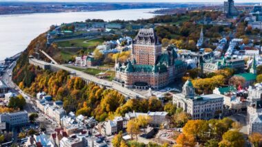 Aerial view of Old Quebec City in the Fall season, Quebec, Canada.