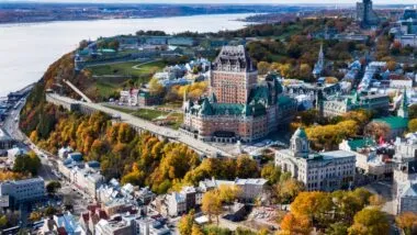 Aerial view of Old Quebec City in the Fall season, Quebec, Canada.