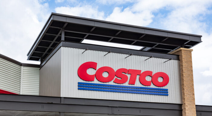 The COSTCO logo on the front exterior of a local store.