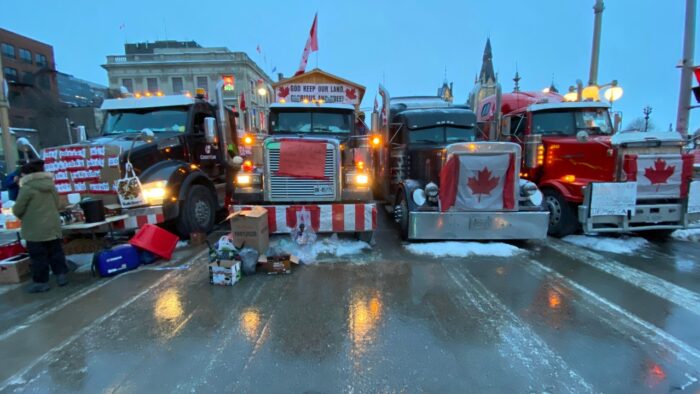 Freedom Convoy 2022 truck lineup and signage