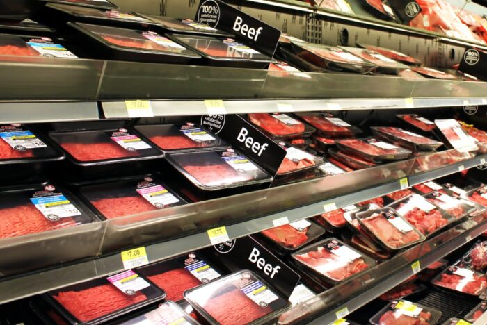 Meat and poultry products in a supermarket in Canada. Meat industry is the largest sector of the North America food manufacturing industry.