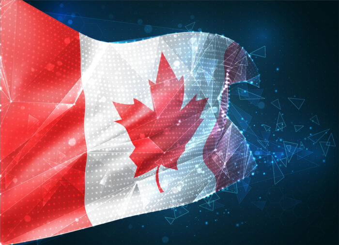 Close up of Canadian flag turning into a data vector. Data breach concept.