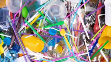 Close up of single-use plastic items.
