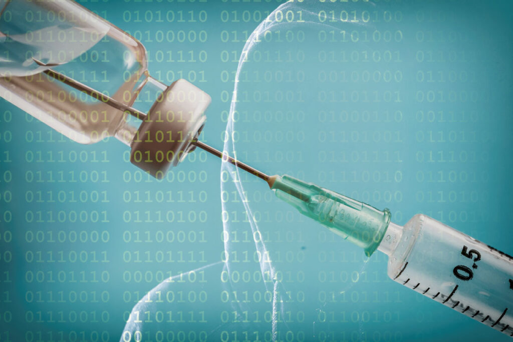 Close up of a vaccine preparation with a data code overlay.