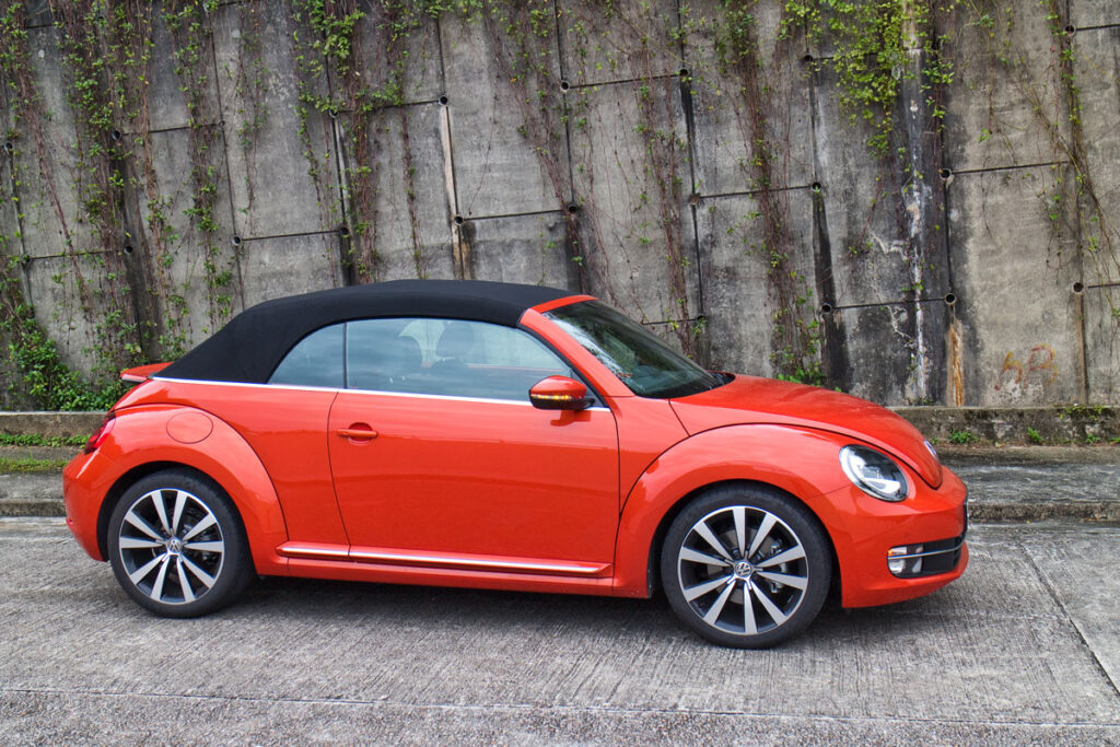 A red Volkswagen Beetle Convertible.