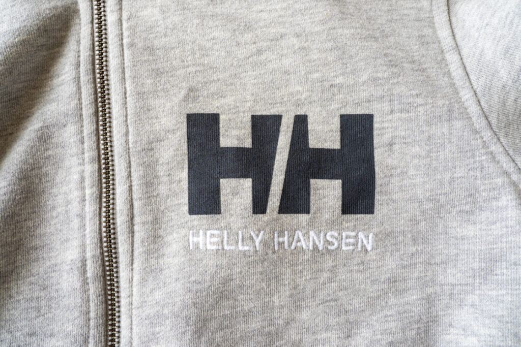 Helly Hansen logo on zip up hoodie