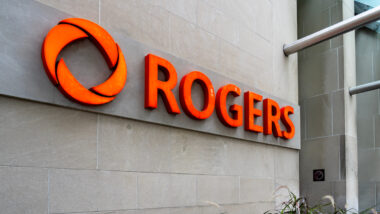 Close up of Rogers sign on their headquarters building in Toronto