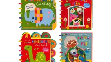 Product photos of some of the recalled books by Make Believe Ideas, representing the Make Believe Ideas Rainbow Road board book recall.