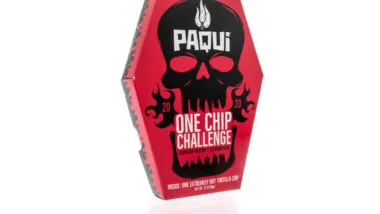 A package of Paqui with carolina reaper peppers sichuan heat one extremely hot tortilla chip representing the Paqui 'One Chip Challenge' product removal.