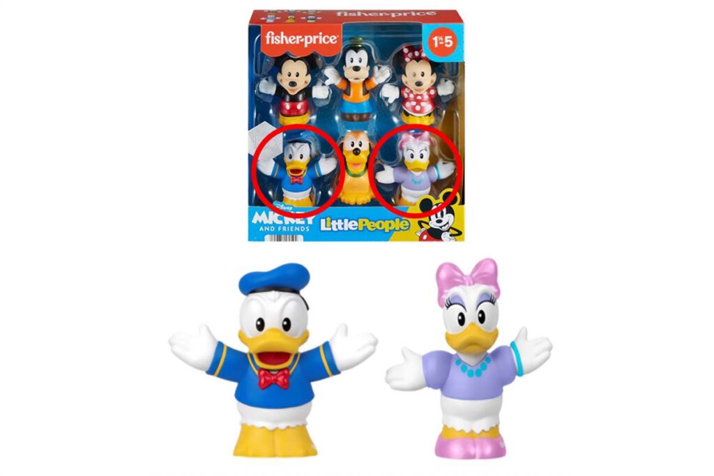 Product photo of recalled Disney figures sold by Fisher-Price, representing the Fisher-Price Donald Duck figure recall.