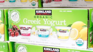 Kirkland greek yogurt packaging on display in a store, representing the Kirkland yogurt recall.