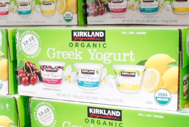 Kirkland greek yogurt packaging on display in a store, representing the Kirkland yogurt recall.