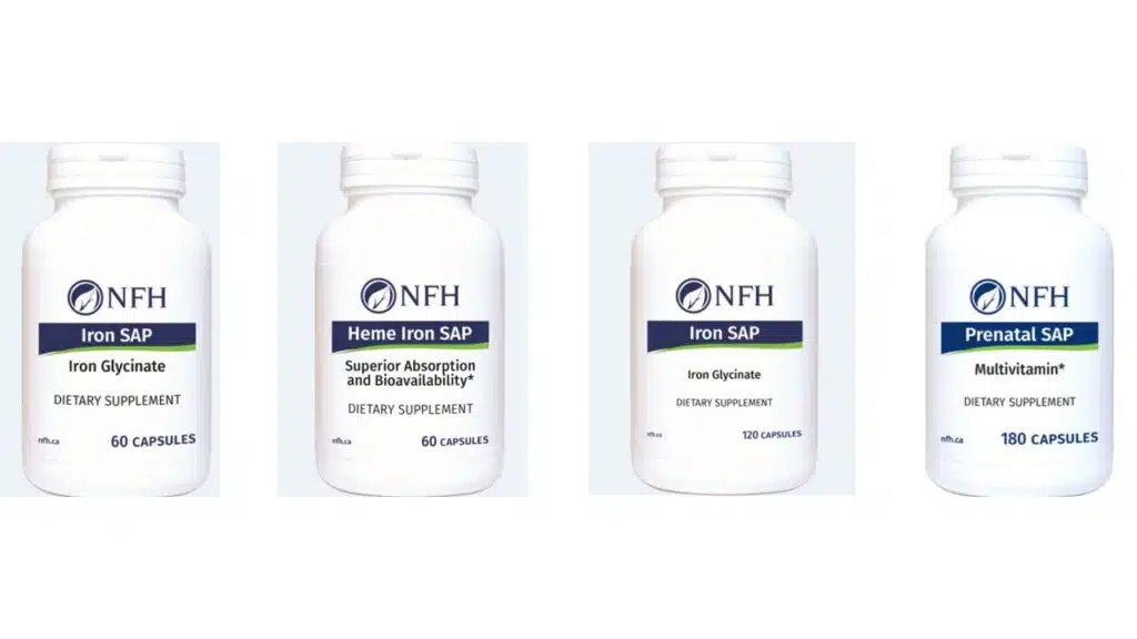 NFH Iron SAP, NFH Heme Iron SAP and NFH Prenatal SAP bottles