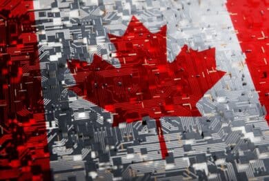 echnology background with national flag of Canada.