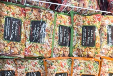 A view of several packages of Trader Joe's fried rice.