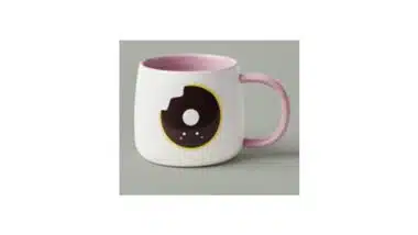 16oz white ceramic mug with a donut design on the front and back of the product.