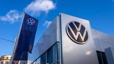 New Volkswagen company logo on dealership building