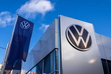 New Volkswagen company logo on dealership building